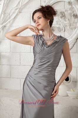 Popular Column Gray V-neck Prom Dress Ruch Brush