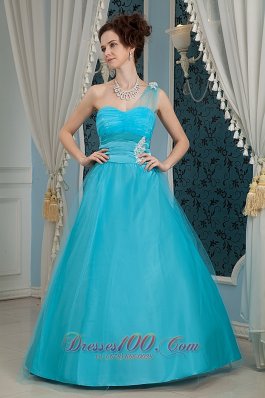 Aqua Blue Prom Dress Appliques One Shoulder