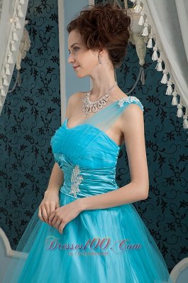 Aqua Blue Prom Dress Appliques One Shoulder