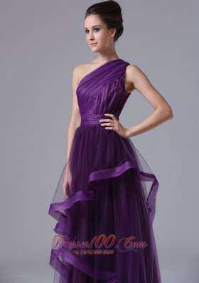 One Shoulder Purple Prom Dress Pleats Accents