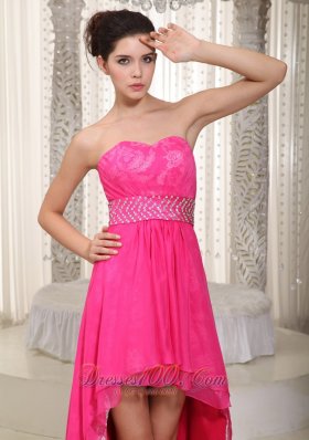 Hot Pink High-low Beading Prom Evening Dress Lace