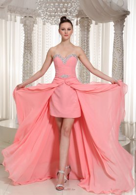 High-low Prom Dress in Watermelon Chiffon Beaded