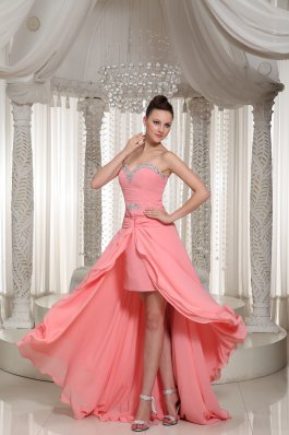 High-low Prom Dress in Watermelon Chiffon Beaded