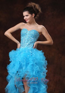 Hi-lo Blue For Sassy Prom Dress Beaded and Ruffles