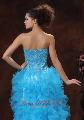 Hi-lo Blue For Sassy Prom Dress Beaded and Ruffles