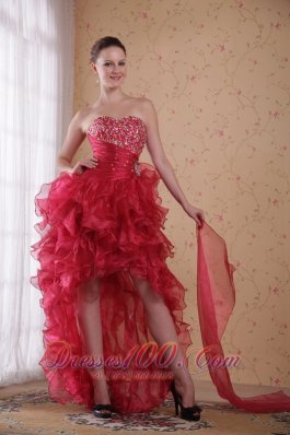 Wine Red Hi-low Beading Prom Cocktail Dress Ruffles