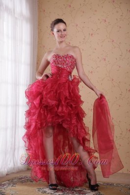 Wine Red Hi-low Beading Prom Cocktail Dress Ruffles