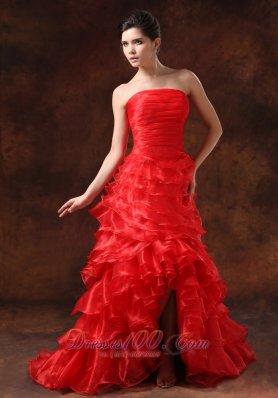 Slit Red Ruffled Layers For 2013 Prom Dress Pleats