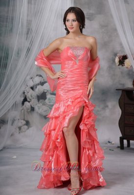 Beading Ruffles Watermelon High Slit Prom Dress