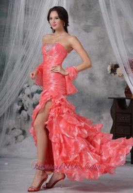 Beading Ruffles Watermelon High Slit Prom Dress