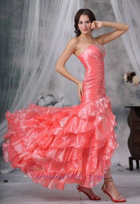 Beading Ruffles Watermelon High Slit Prom Dress