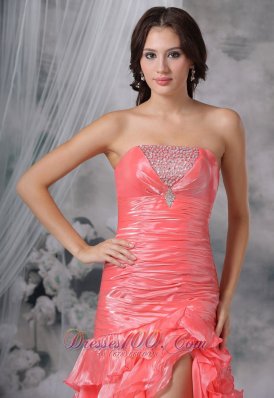 Beading Ruffles Watermelon High Slit Prom Dress