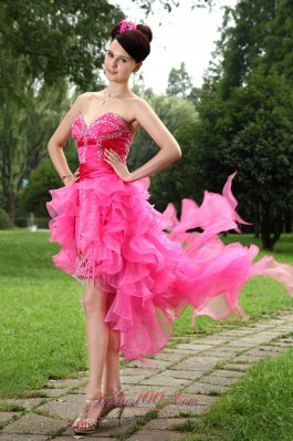 Hot Pink High Low Beading Homecoming Dress Ruffles