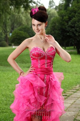 Hot Pink High Low Beading Homecoming Dress Ruffles