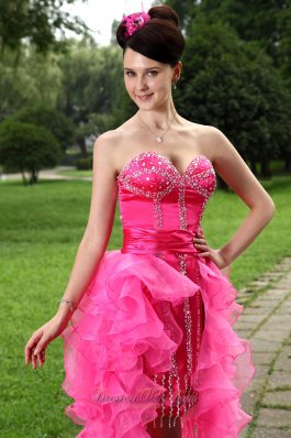 Hot Pink High Low Beading Homecoming Dress Ruffles