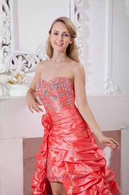 Watermelon Hi-low Flowers Beading Dress For Prom