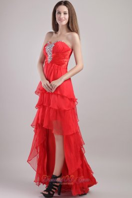 Red Organza Layers Hi-low Beading Prom Homecoming Dress