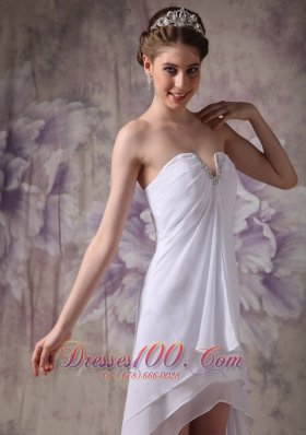 Simple White V-neck Hi-low Prom Dress Beading