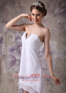 Simple White V-neck Hi-low Prom Dress Beading