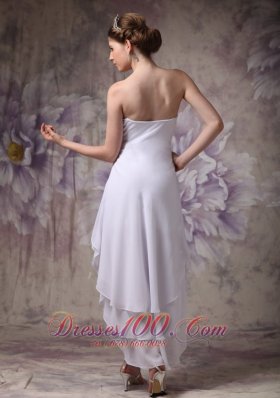 Simple White V-neck Hi-low Prom Dress Beading