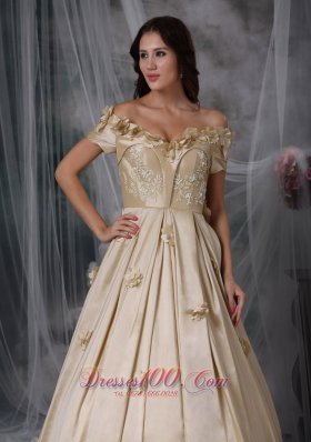 Off The Shoulder Flowers Champagne Prom Dress