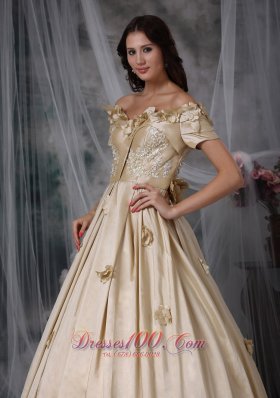 Off The Shoulder Flowers Champagne Prom Dress