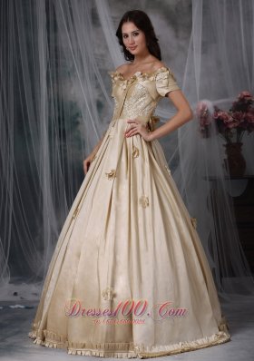 Off The Shoulder Flowers Champagne Prom Dress