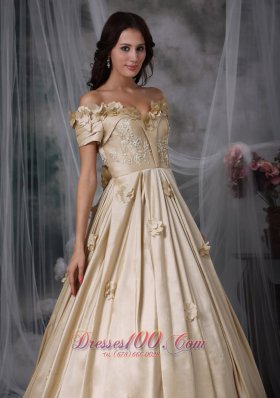 Off The Shoulder Flowers Champagne Prom Dress