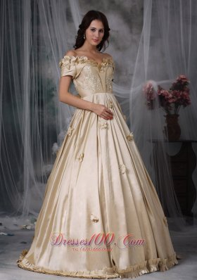 Off The Shoulder Flowers Champagne Prom Dress