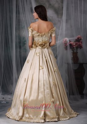 Off The Shoulder Flowers Champagne Prom Dress