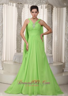 Spring Green V-neck Dress for Prom Watteau Beading
