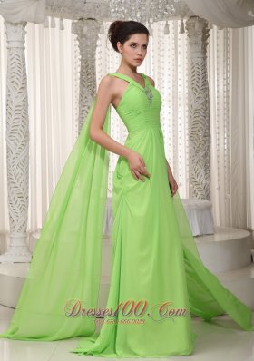 Spring Green V-neck Dress for Prom Watteau Beading