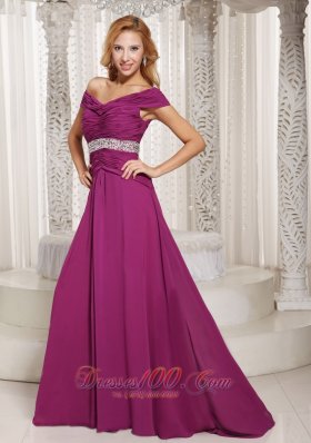 Fuchsia Off The Shoulder Mother Dress Beaded Sash