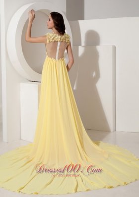 Light Yellow Evening Dress V-neck Flowers Court