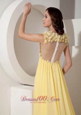 Light Yellow Evening Dress V-neck Flowers Court