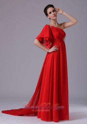 Beading Watteau Evening Dress Single Sleeve