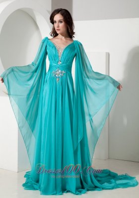 V-neck Court Beading Prom Dress Long Sleeves