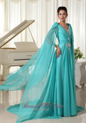 Long Sleeves V-neck Turquoise Prom Dress Beading