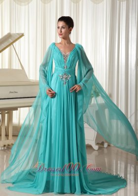 Long Sleeves V-neck Turquoise Prom Dress Beading