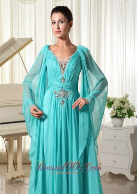 Long Sleeves V-neck Turquoise Prom Dress Beading