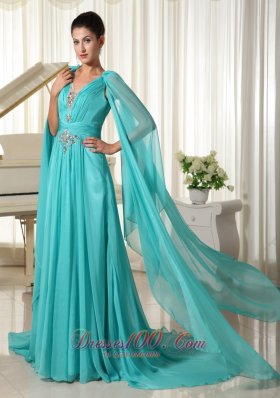 Long Sleeves V-neck Turquoise Prom Dress Beading