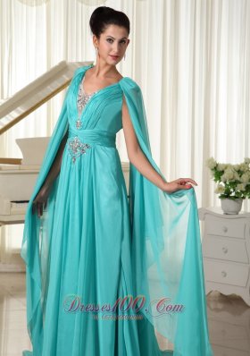 Long Sleeves V-neck Turquoise Prom Dress Beading