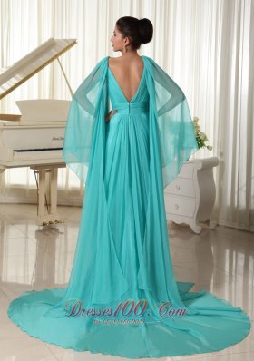 Long Sleeves V-neck Turquoise Prom Dress Beading