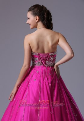 Fuchsia A-line Prom Dress Crystal Over