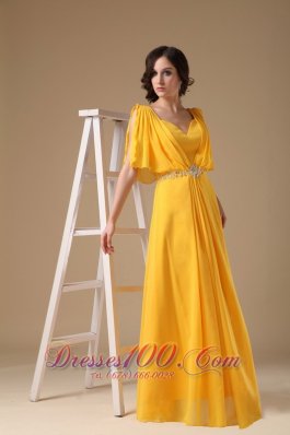 Yellow Evening Dress V-neck Chiffon Beading