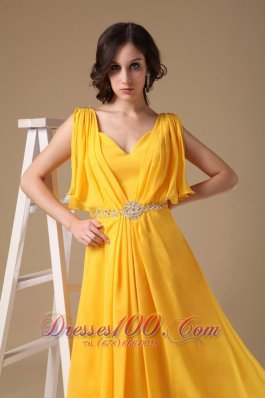 Yellow Evening Dress V-neck Chiffon Beading