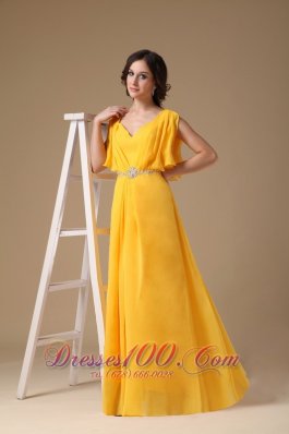 Yellow Evening Dress V-neck Chiffon Beading