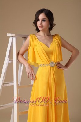 Yellow Evening Dress V-neck Chiffon Beading