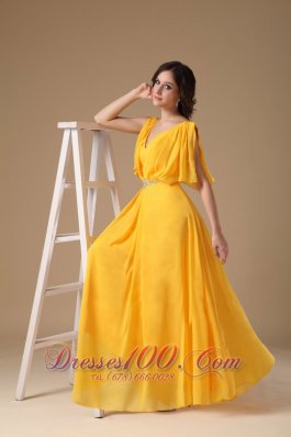 Yellow Evening Dress V-neck Chiffon Beading