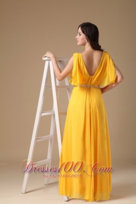 Yellow Evening Dress V-neck Chiffon Beading